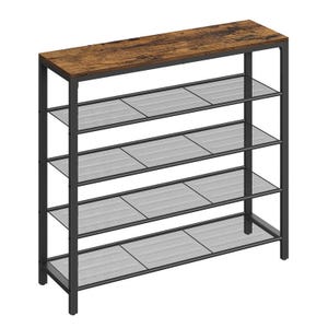 A five-tier metal and wood shoe rack with a rustic wooden top and mesh shelves.