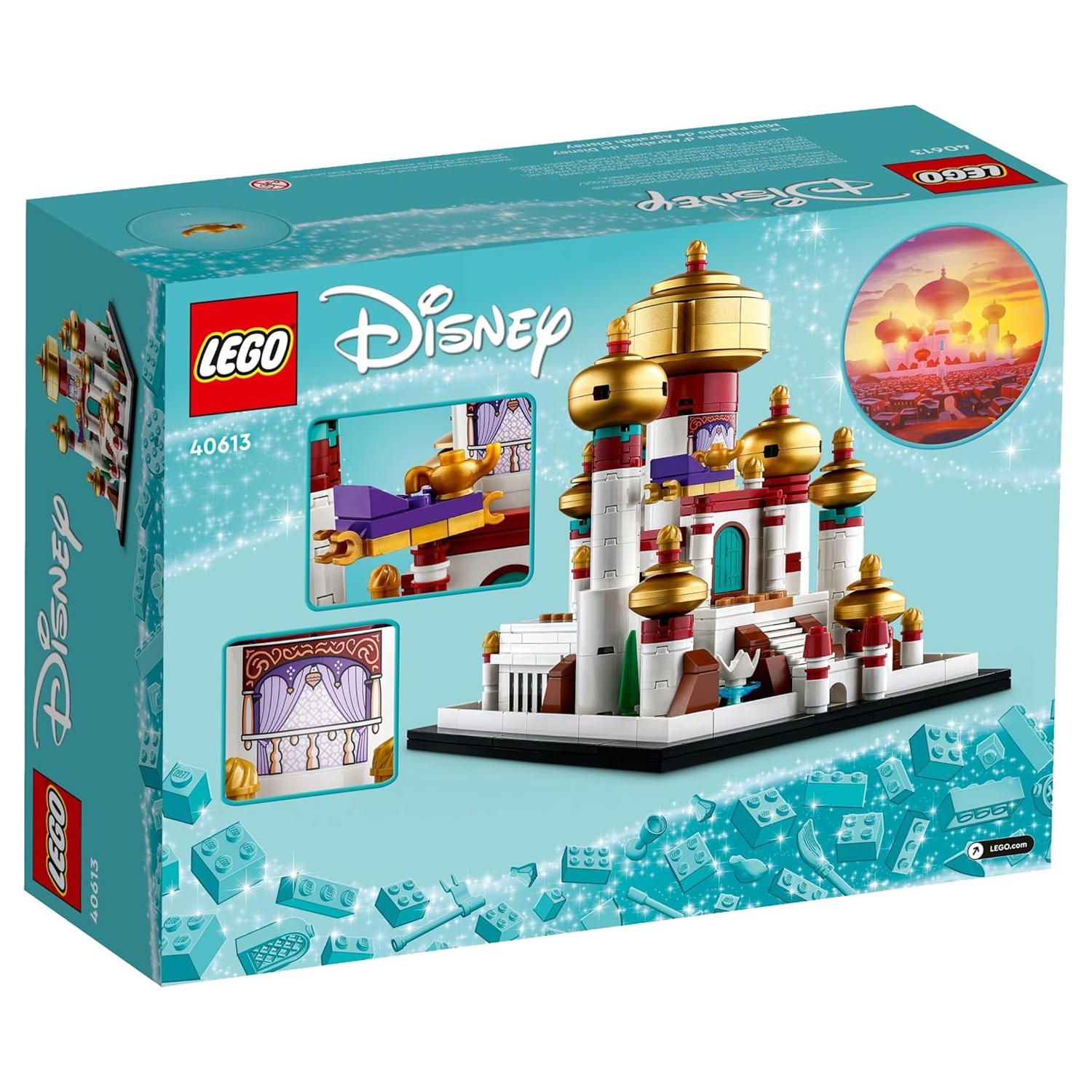 LEGO set 40613 features a Disney-themed palace with gold and red domes, including a magic carpet accessory and curtain element, set against a blue background with the Disney logo.