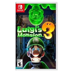 Luigi's Mansion 3 for Nintendo Switch features Luigi exploring a haunted hotel. The cover shows Luigi with a scared expression and a green ghostly figure above, rated E for Everyone.