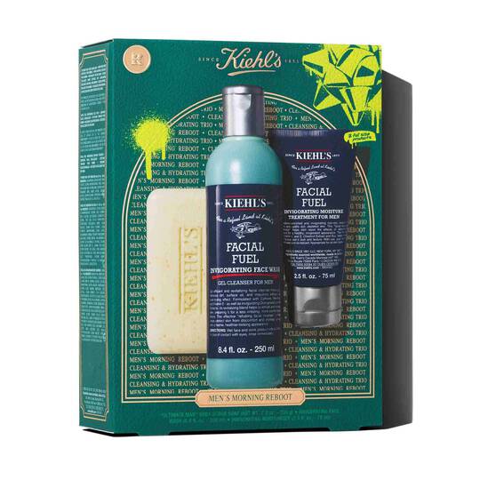 Kiehl's Men's Morning Reboot includes a Facial Fuel Energizing Face Wash (250 ml), Facial Fuel Energizing Moisture Treatment (75 ml), and a cleansing bar, designed for men's skincare.