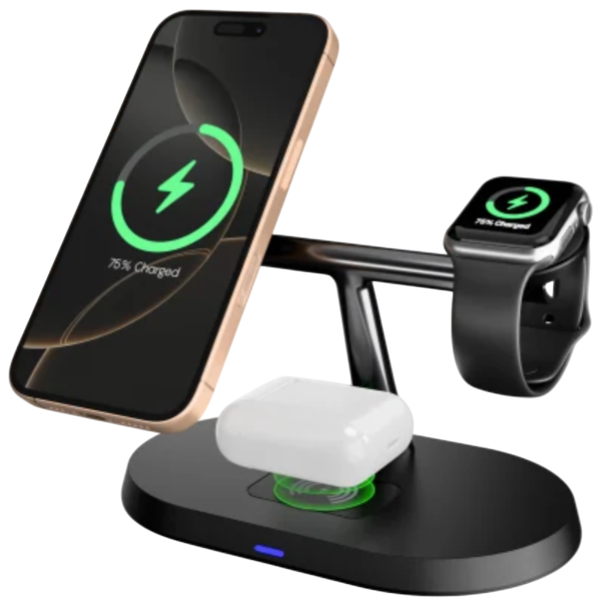 A 3-in-1 wireless charging station with slots for a smartphone, smartwatch, and earbuds, all being charged simultaneously.