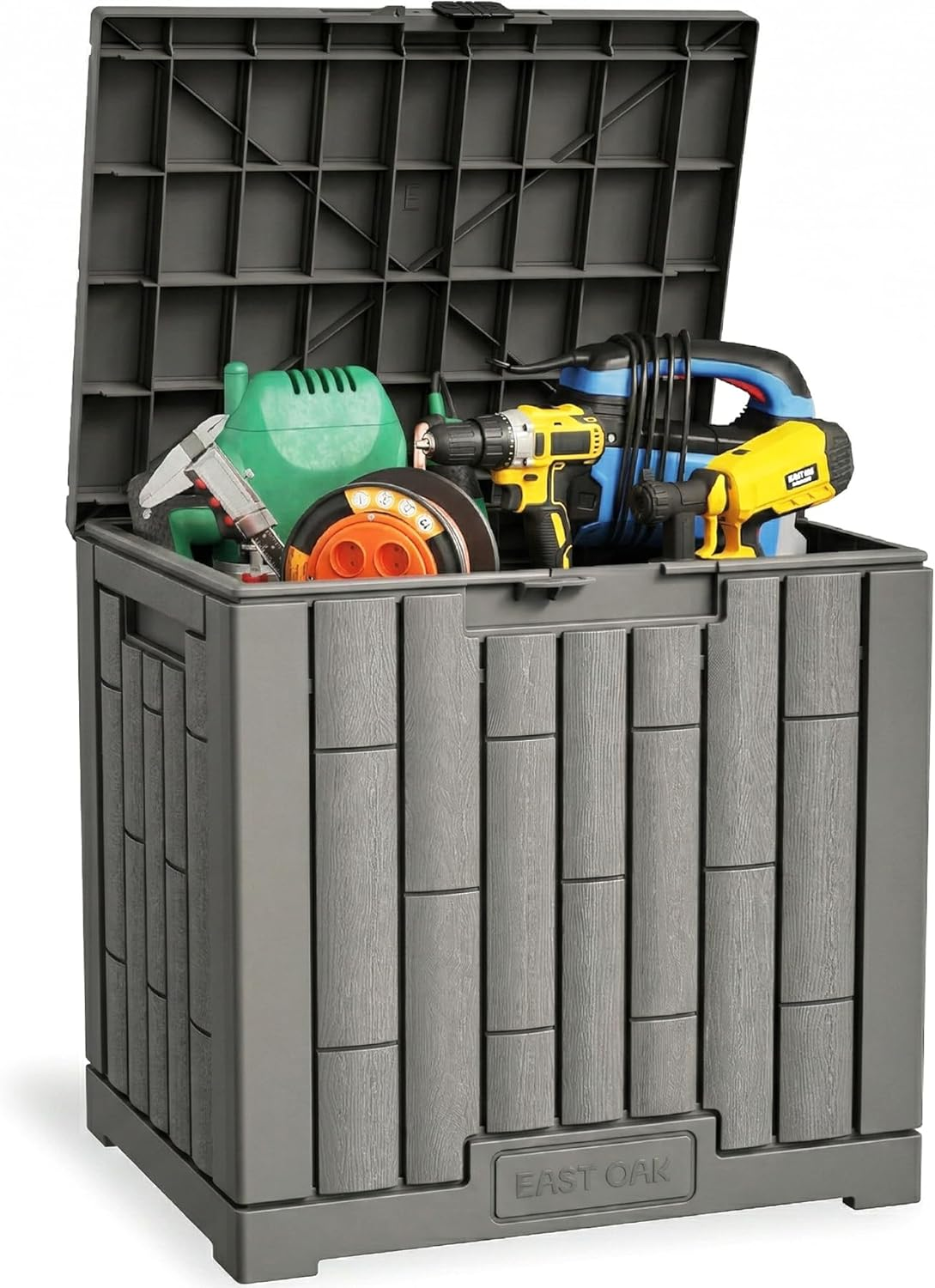 A gray deck box with a black lid is open, displaying various stored items such as a garden hose, buckets, and cleaning supplies.