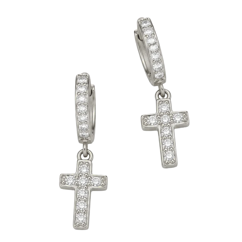 Silver hoop earrings with dangling cross pendants, adorned with small clear gemstones.