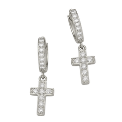 Silver hoop earrings with dangling cross pendants, adorned with small clear gemstones.