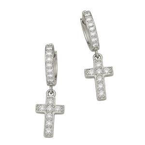 Silver hoop earrings with dangling cross pendants, adorned with small clear gemstones.