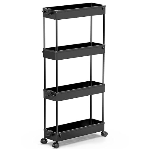 A four-tiered, black utility cart with wheels, featuring four rectangular shelves for storage and organization.
