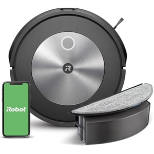 A round iRobot mop vacuum with a metallic center, shown alongside a smartphone displaying the iRobot logo and a detachable cleaning pad.