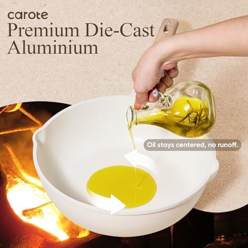 Carote premium die-cast aluminum pan with a white interior, shown with oil being poured into it, designed to keep oil centered and prevent runoff.