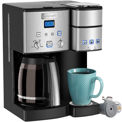 A dual coffee maker, featuring a carafe and single-serve option with a teal mug on the tray. Includes controls for brewing, settings, and timers, alongside compartments for coffee pods.