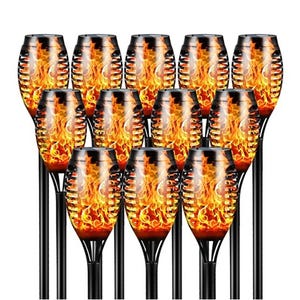 12-pack of solar-powered LED tiki torches featuring a flame effect design, with black stands, suitable for outdoor lighting.