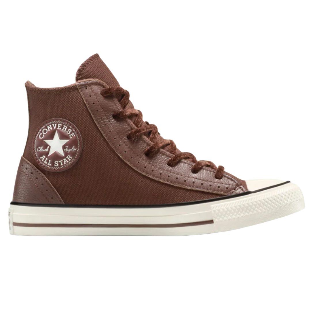 Brown Converse Chuck Taylor All Star high-top sneaker with a white toe cap, black lining, and the classic round logo patch on the side.
