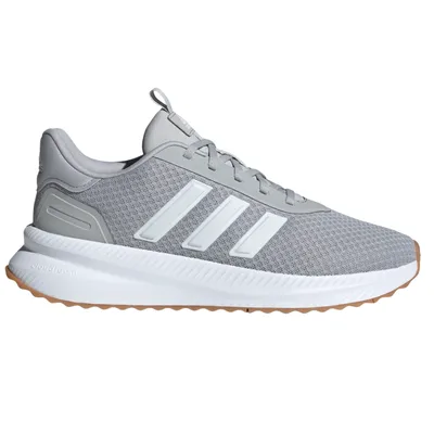 A gray and white Adidas sneaker featuring the signature three-stripe design, with a textured upper, and a gum sole.