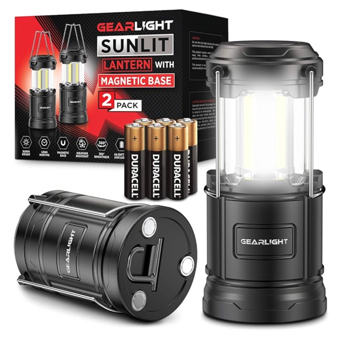 GearLight SUNLIT lanterns with magnetic bases, 2-pack, super bright, long runtime, weather-resistant, and 360° brightness. Comes with 6 AA Duracell batteries.