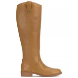 Tan knee-high leather boot with a low stacked heel and a pull tab at the top.