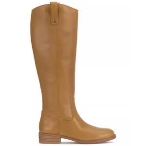 Tan knee-high leather boot with a low stacked heel and a pull tab at the top.