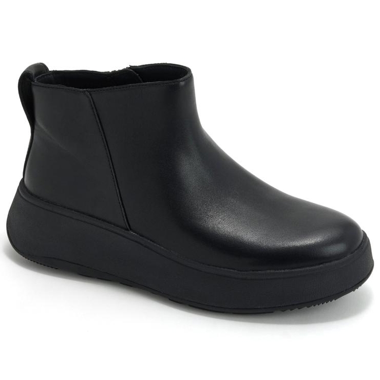 Black ankle boot with a streamlined, minimalist design and a thick, flat sole.