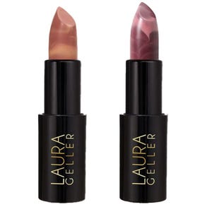 Two Laura Geller lipsticks with marbled designs in nude and plum shades, featuring black casings.