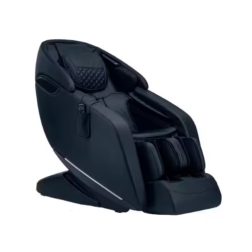 Black massage chair with an ergonomic design, featuring cushioned seating and a remote control pocket on the side.