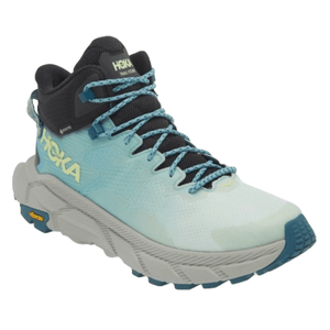 Hoka trail shoe in light blue with a black tongue and collar, featuring Vibram sole for enhanced traction and durability.
