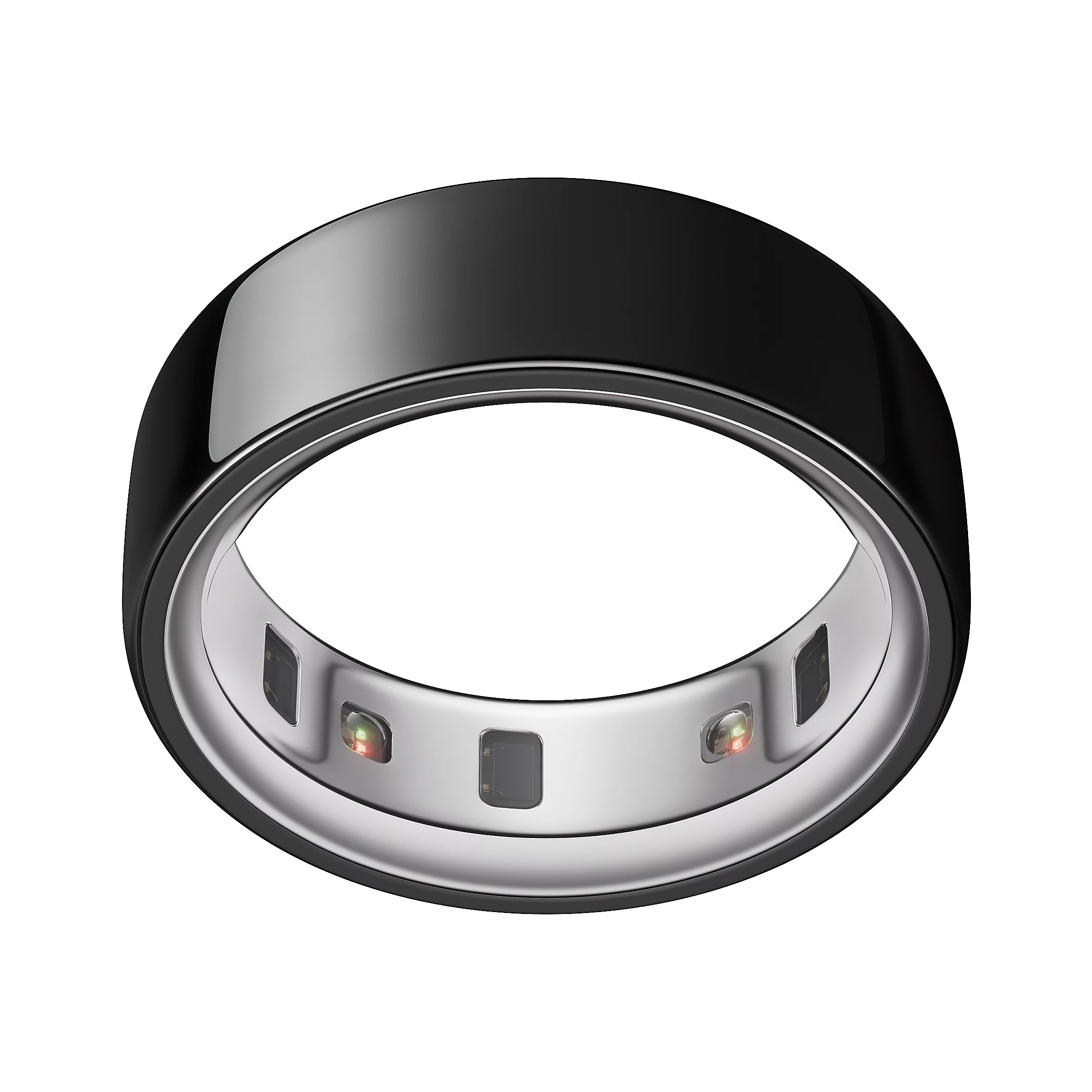 A sleek black smart ring with a metallic interior equipped with sensors for health tracking, such as heart rate and sleep monitoring.