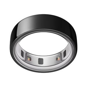 A sleek black smart ring with a metallic interior equipped with sensors for health tracking, such as heart rate and sleep monitoring.
