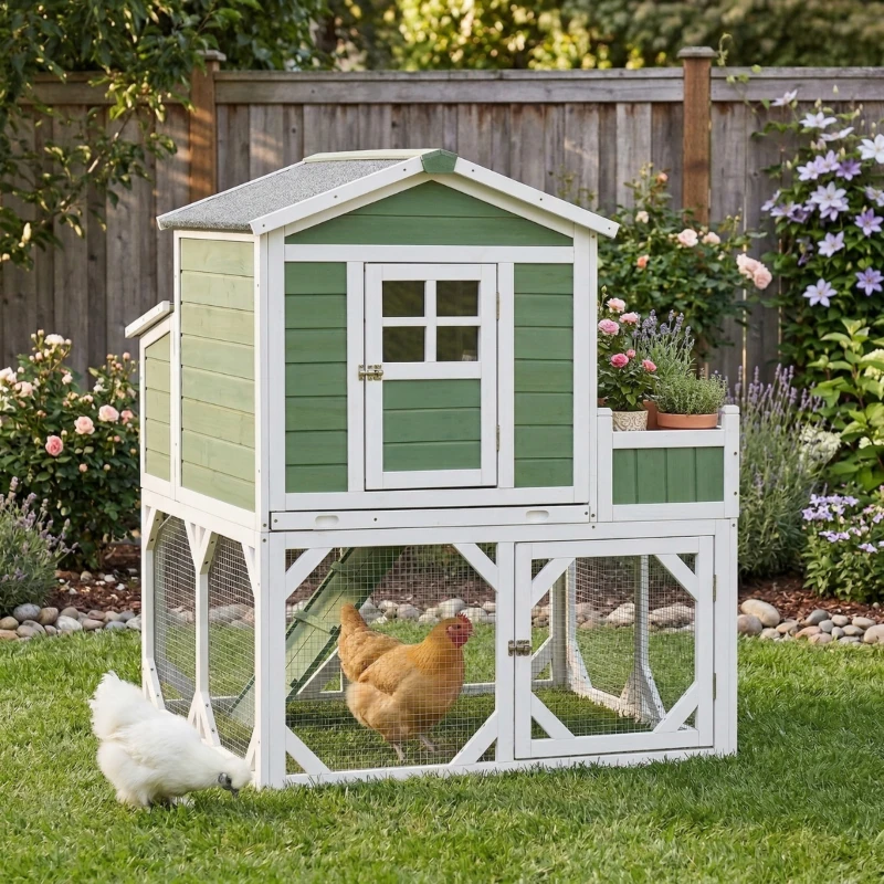 A wooden, green-and-white chicken coop with a wire enclosure sits in a garden, housing two chickens, with one white chicken foraging outside.