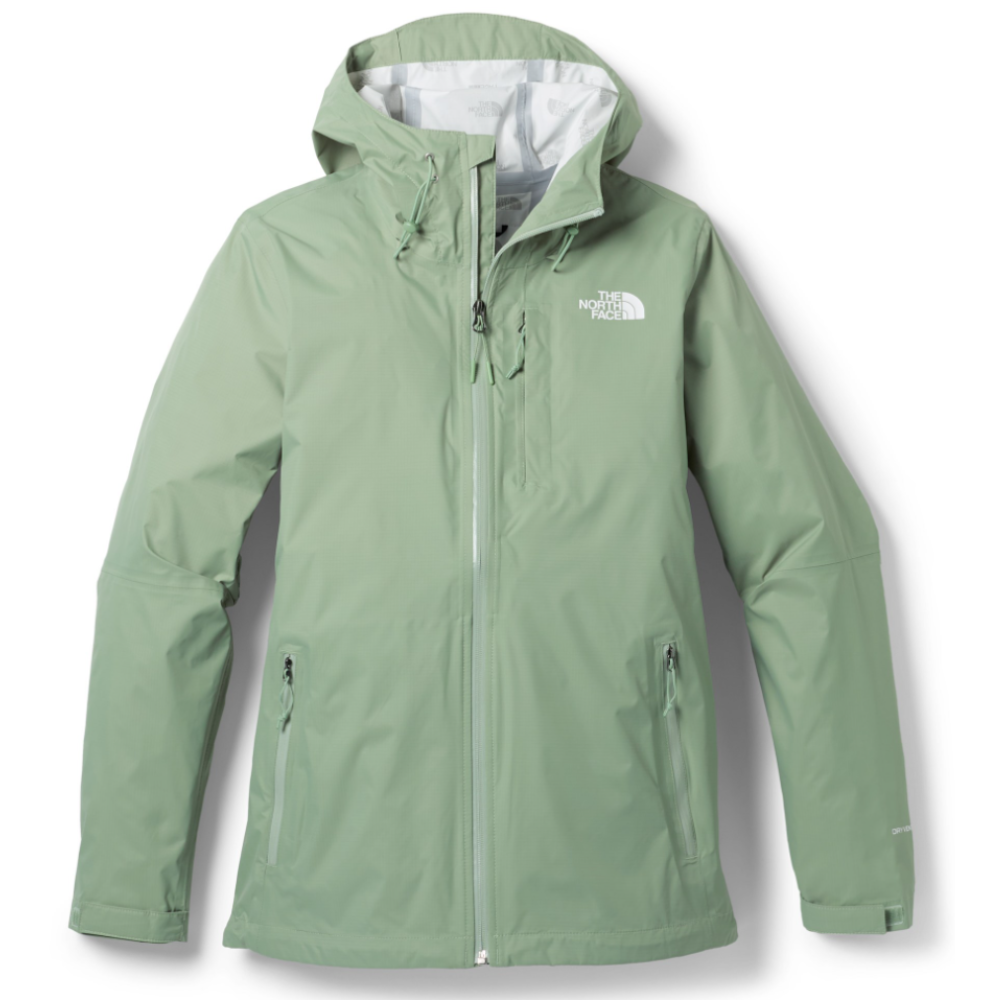 Light green The North Face waterproof jacket with a hood, featuring two front zippered pockets and adjustable wrist cuffs.