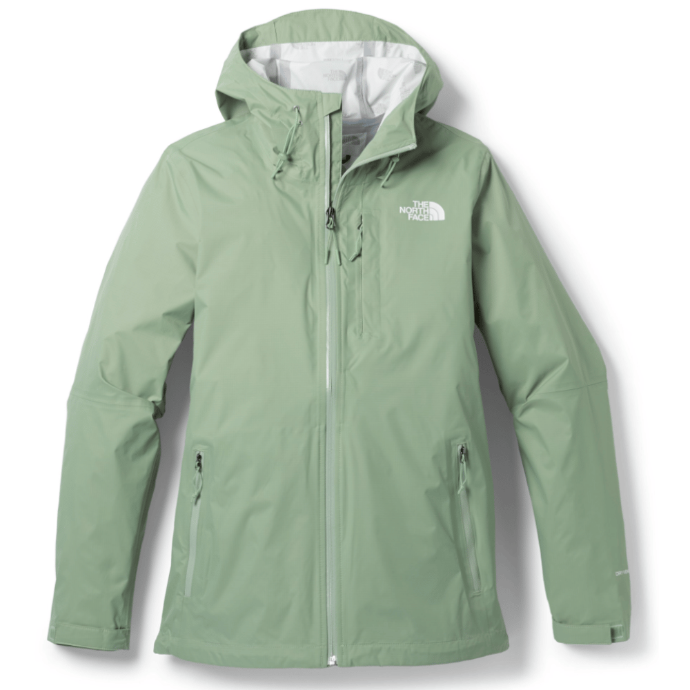 Light green The North Face waterproof jacket with a hood, featuring two front zippered pockets and adjustable wrist cuffs.