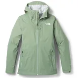 Light green The North Face waterproof jacket with a hood, featuring two front zippered pockets and adjustable wrist cuffs.