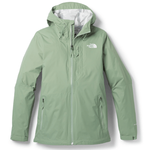Light green The North Face waterproof jacket with a hood, featuring two front zippered pockets and adjustable wrist cuffs.