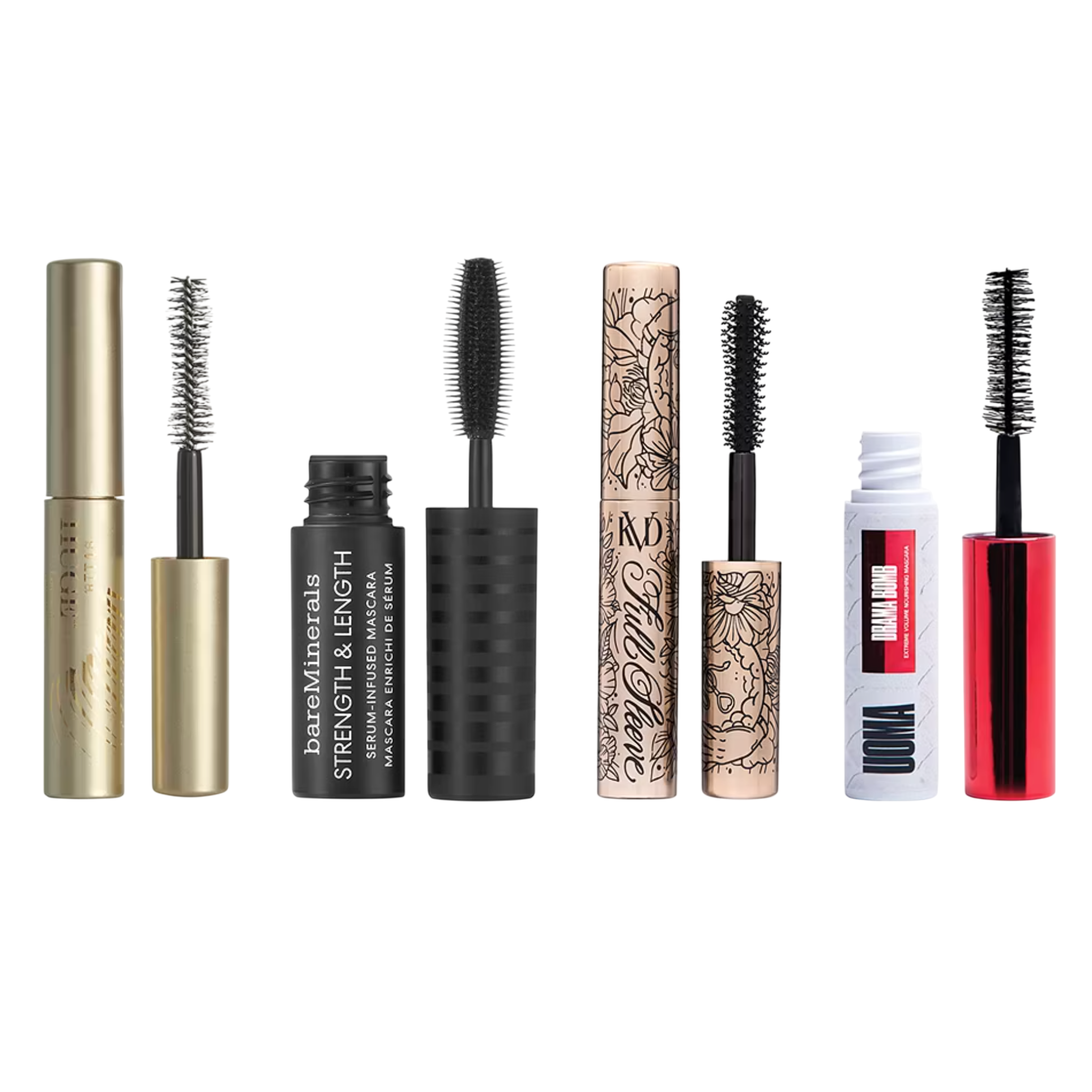 Four different mascaras with varied packaging and brush designs: gold tube with dense bristles, black tube with a flexible rubber brush, floral patterned tube with curled brush, and white and red tube with voluminous bristles.