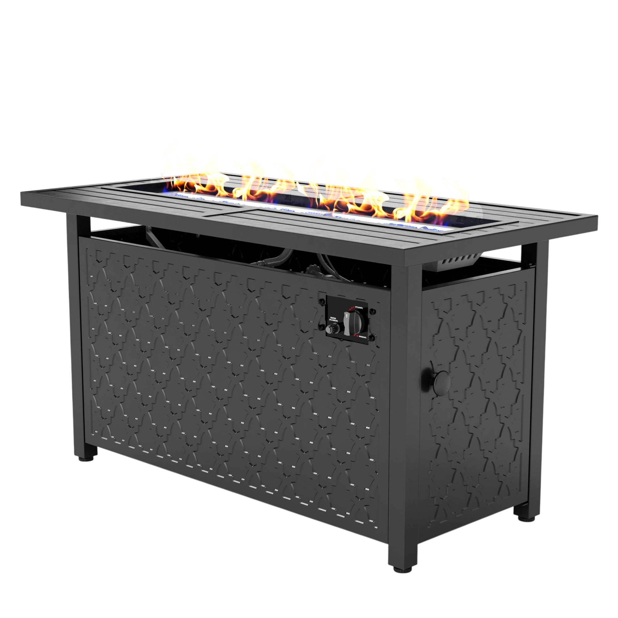 Rectangular outdoor propane fire pit table with decorative paneling and an adjustable flame control knob.