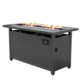 Rectangular outdoor propane fire pit table with decorative paneling and an adjustable flame control knob.