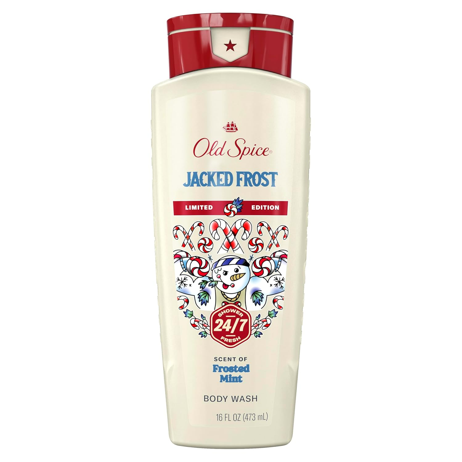 Old Spice Jacked Frost body wash, limited edition, features a frosted mint scent, in a 16 fl oz (473 mL) bottle.