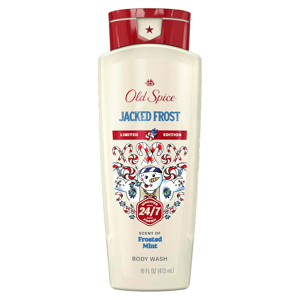 Old Spice Jacked Frost body wash, limited edition, features a frosted mint scent, in a 16 fl oz (473 mL) bottle.