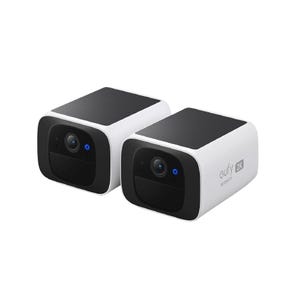 Two Eufy SoloCams are shown; they are compact, rectangular with a white and black design, each featuring a lens and a blue indicator light.