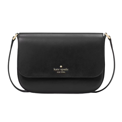 A black Kate Spade New York crossbody bag with a sleek design, featuring a flap closure and gold-tone logo detailing.