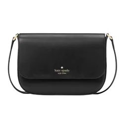 A black Kate Spade New York crossbody bag with a sleek design, featuring a flap closure and gold-tone logo detailing.