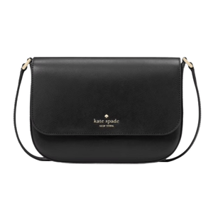 A black Kate Spade New York crossbody bag with a sleek design, featuring a flap closure and gold-tone logo detailing.