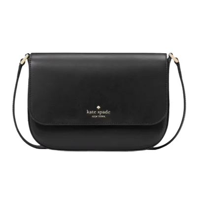 A black Kate Spade New York crossbody bag with a sleek design, featuring a flap closure and gold-tone logo detailing.
