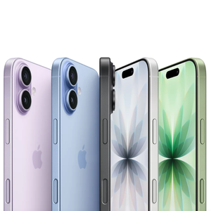Several iPhones in pastel colors, including purple, blue, black, silver, and green, are displayed showcasing their dual and triple rear cameras and flat edges.