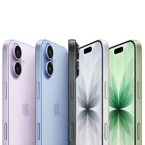 Several iPhones in pastel colors, including purple, blue, black, silver, and green, are displayed showcasing their dual and triple rear cameras and flat edges.
