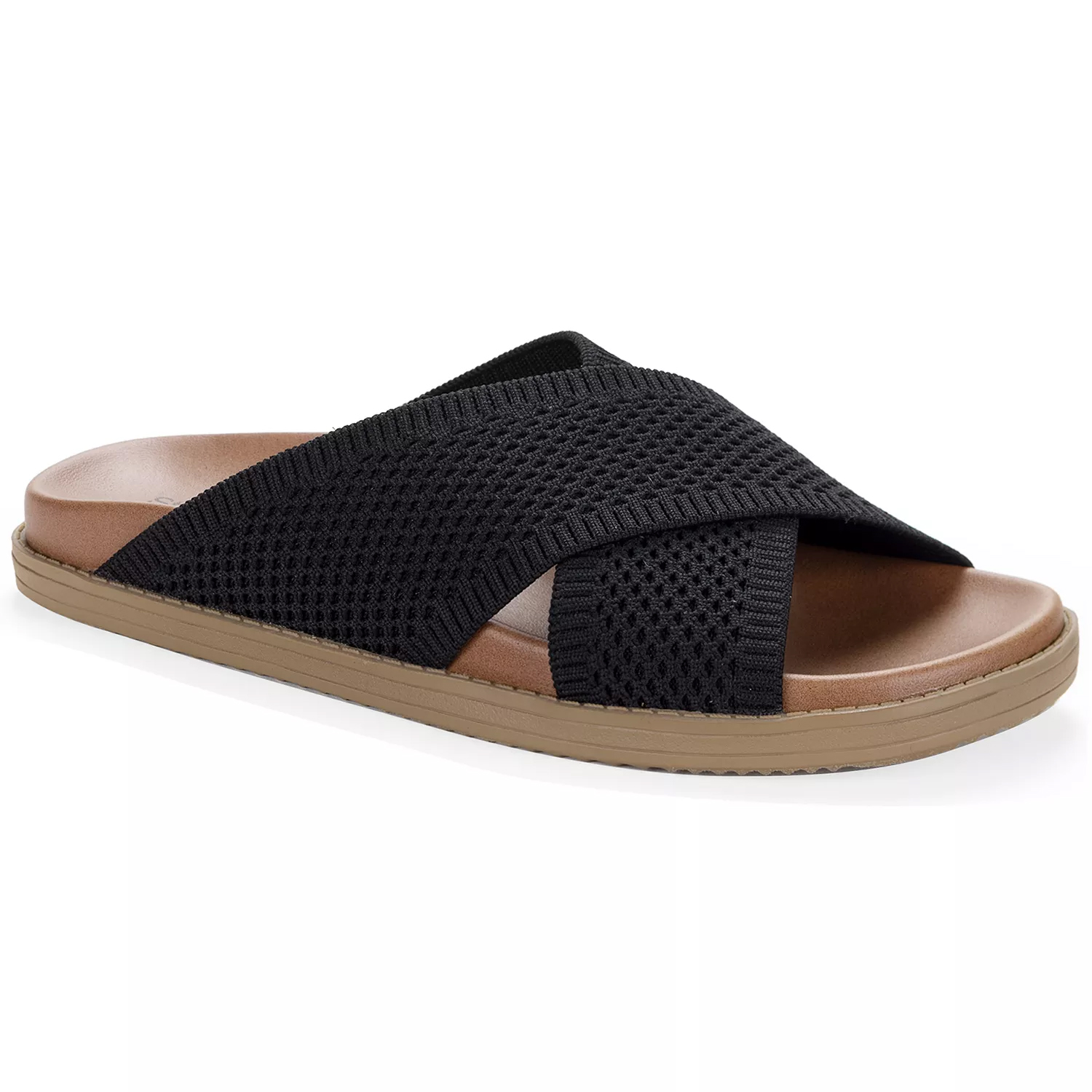A slip-on sandal featuring a black mesh criss-cross strap design, tan cushioned footbed, and brown rubber sole.