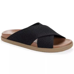 A slip-on sandal featuring a black mesh criss-cross strap design, tan cushioned footbed, and brown rubber sole.