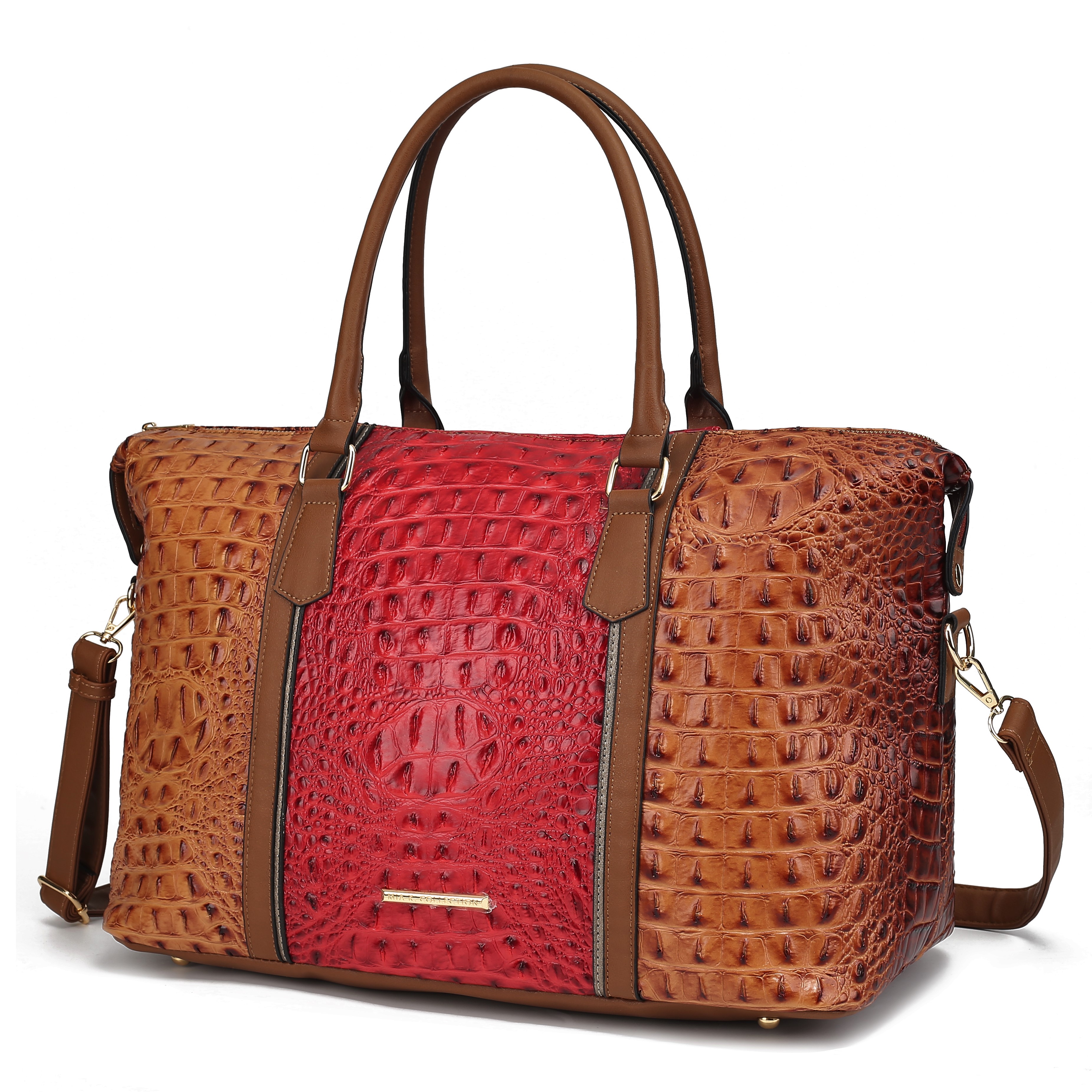 A stylish handbag with a textured crocodile pattern, featuring a red center panel flanked by brown sides and handles, with a detachable shoulder strap.