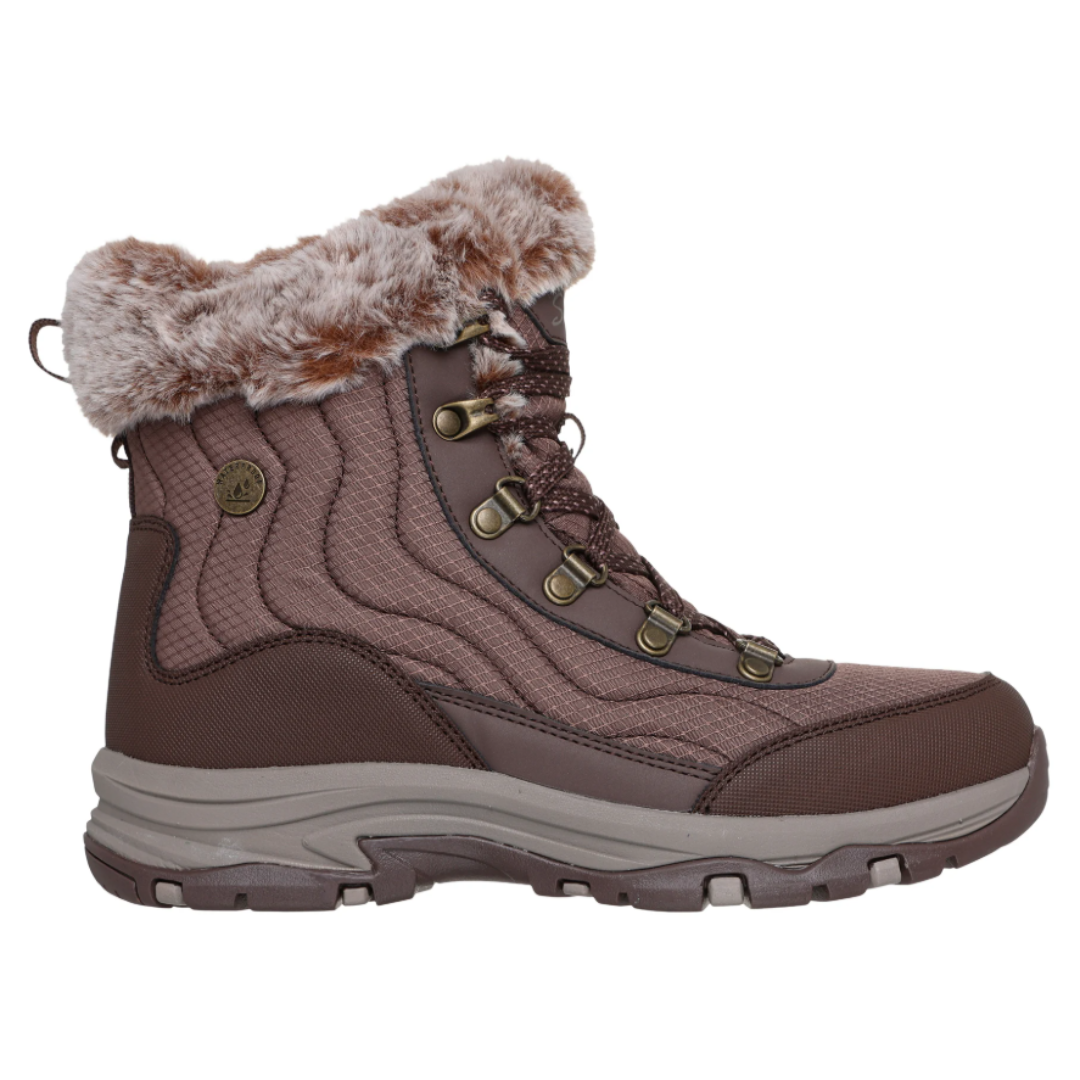 Brown ankle-length winter boot with faux fur trim, lace-up front, and rugged sole.