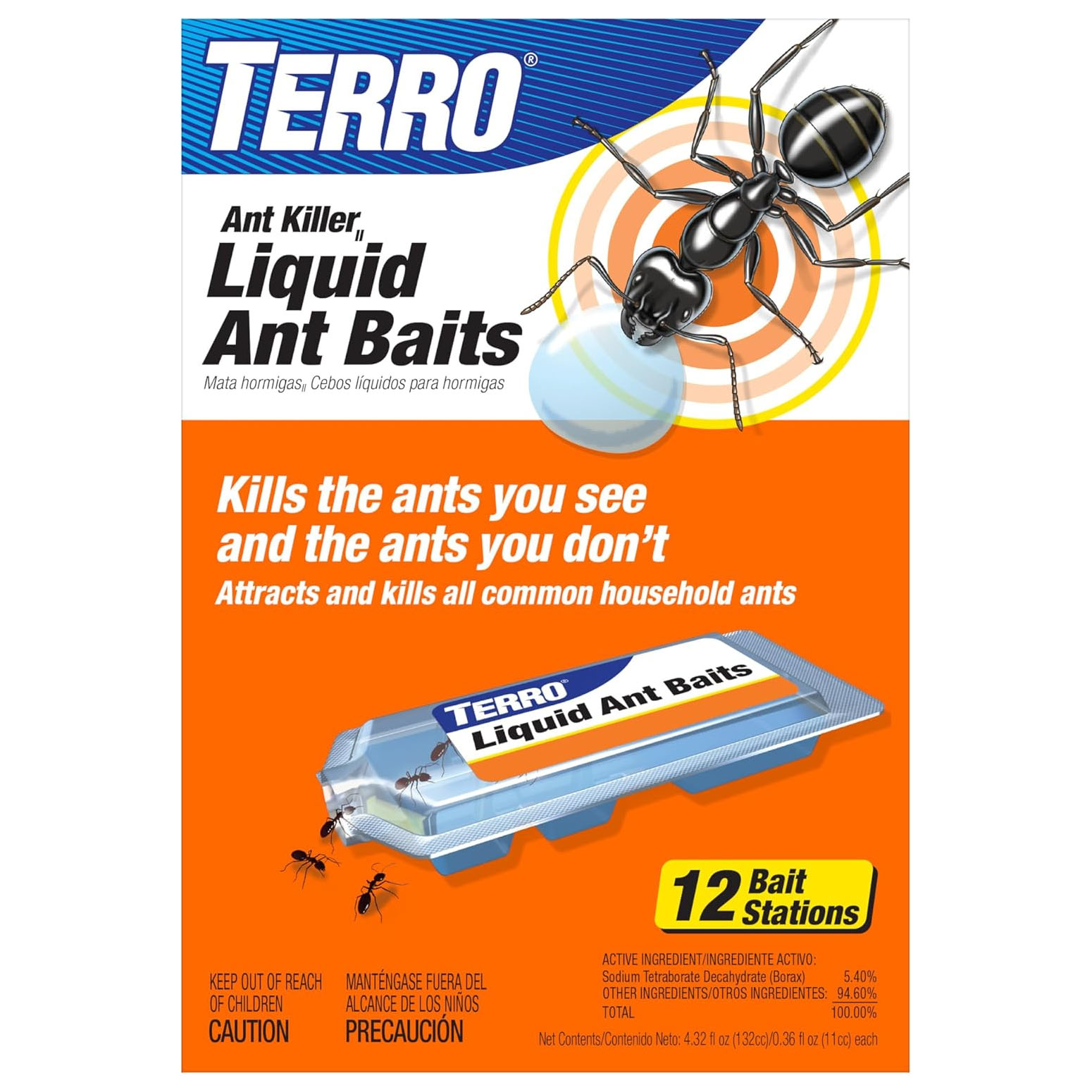 TERRO Liquid Ant Baits are designed to kill visible and hidden household ants with 12 bait stations, containing 5.40% Sodium Tetraborate Decahydrate.