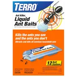 TERRO Liquid Ant Baits are designed to kill visible and hidden household ants with 12 bait stations, containing 5.40% Sodium Tetraborate Decahydrate.