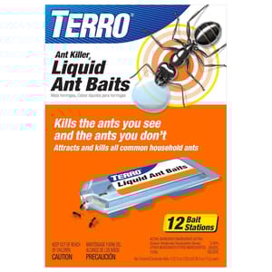 TERRO Liquid Ant Baits are designed to kill visible and hidden household ants with 12 bait stations, containing 5.40% Sodium Tetraborate Decahydrate.