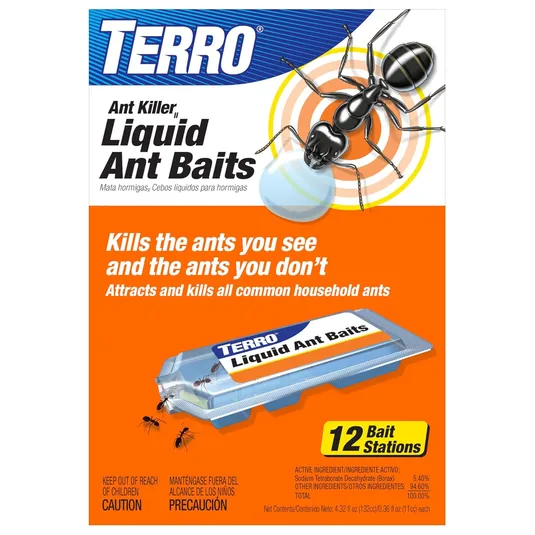 TERRO Liquid Ant Baits are designed to kill visible and hidden household ants with 12 bait stations, containing 5.40% Sodium Tetraborate Decahydrate.